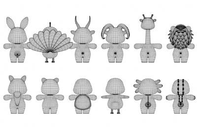 卡通Q版动物合集包C4D模型,有绑定