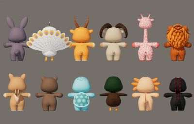 卡通Q版动物合集包C4D模型,有绑定