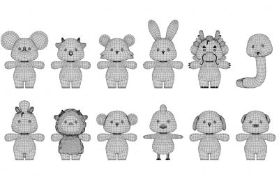 鼠 牛 虎 兔 龙 蛇 马 羊 猴 鸡 狗 猪等卡通动物合集,有绑定