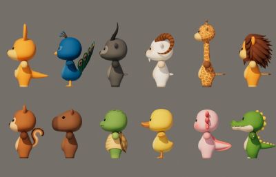 卡通Q版动物合集包C4D模型,有绑定