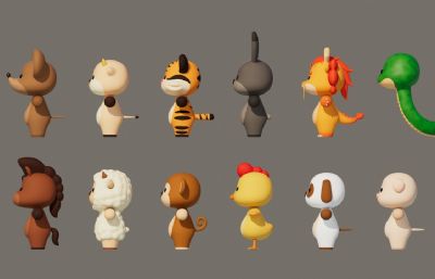 鼠 牛 虎 兔 龙 蛇 马 羊 猴 鸡 狗 猪等卡通动物合集,有绑定