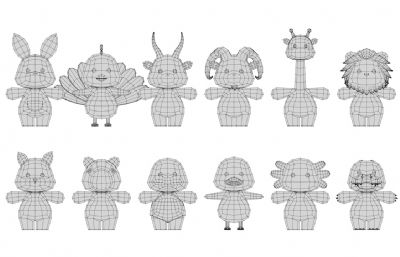 卡通Q版动物合集包C4D模型,有绑定