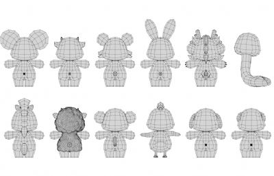 鼠 牛 虎 兔 龙 蛇 马 羊 猴 鸡 狗 猪等卡通动物合集,有绑定