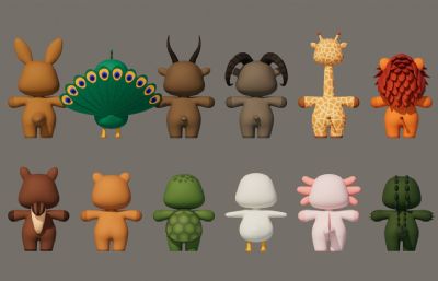 卡通Q版动物合集包C4D模型,有绑定