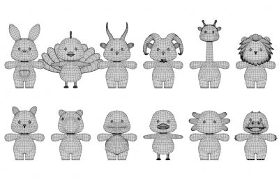 卡通Q版动物合集包C4D模型,有绑定