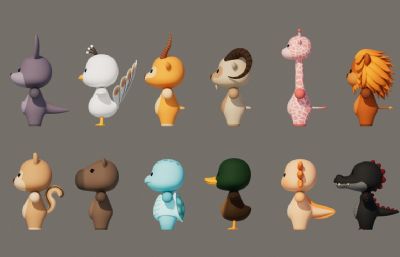 卡通Q版动物合集包C4D模型,有绑定