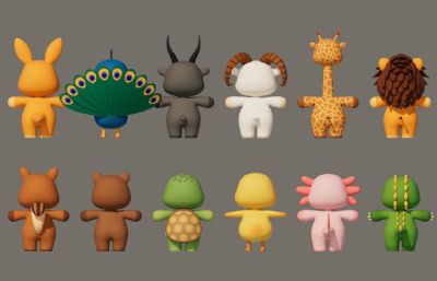 卡通Q版动物合集包C4D模型,有绑定