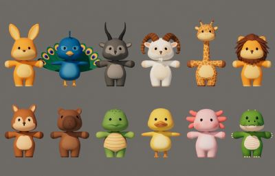 卡通Q版动物合集包C4D模型,有绑定