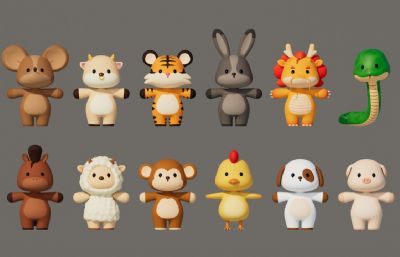 鼠 牛 虎 兔 龙 蛇 马 羊 猴 鸡 狗 猪等卡通动物合集,有绑定