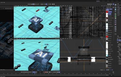 AI科技感芯片穿梭C4D电路板 算力智能内部结构电流数码电商