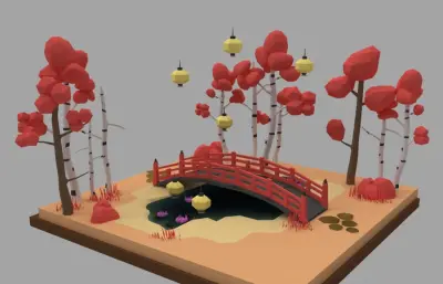 树林小桥古灯,卡通小景