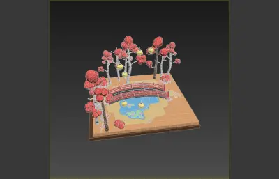 树林小桥古灯,卡通小景