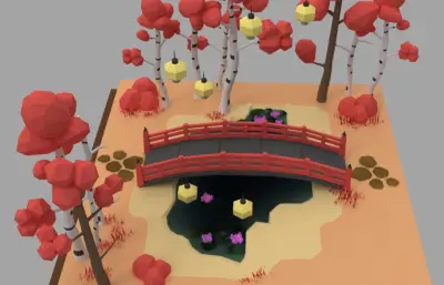 树林小桥古灯,卡通小景