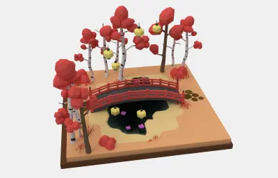 树林小桥古灯,卡通小景