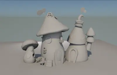 三座卡通蘑菇屋,蘑菇房maya模型