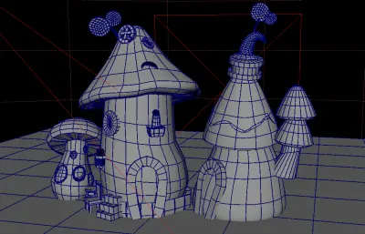 三座卡通蘑菇屋,蘑菇房maya模型