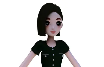 卡通短发女性3D型,二次元少女黑裙角色,虚拟人