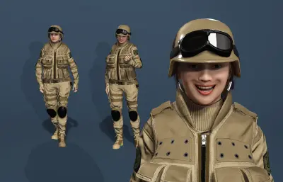 写实女性士兵角色 全身绑定 面部表情系统FBX格式