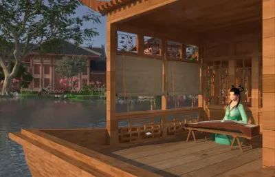 影视城古装女孩抚琴镜头动画3dmax模型