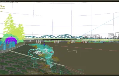 河边散步步道和大桥镜头动画3dmax模型