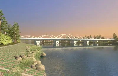 河边散步步道和大桥镜头动画3dmax模型