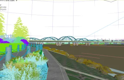 河边散步步道和大桥镜头动画3dmax模型