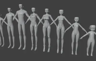游戏里的男人,女人,小孩素模blender,fbx模型