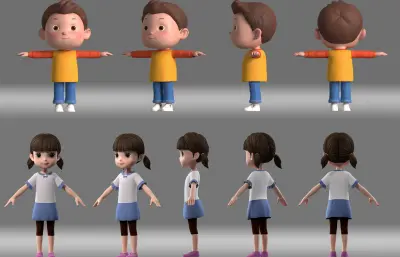 5款卡通男孩,卡通女孩组合gltf模型合集