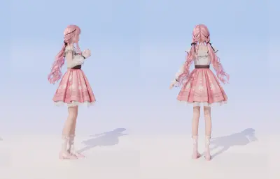 两个二次元女孩,卡通少女blender模型