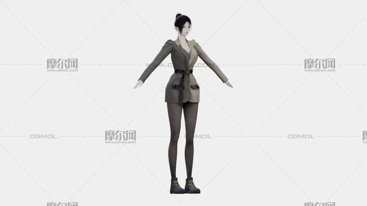 黑发格纹西装女性角色,带骨骼绑定,多格式