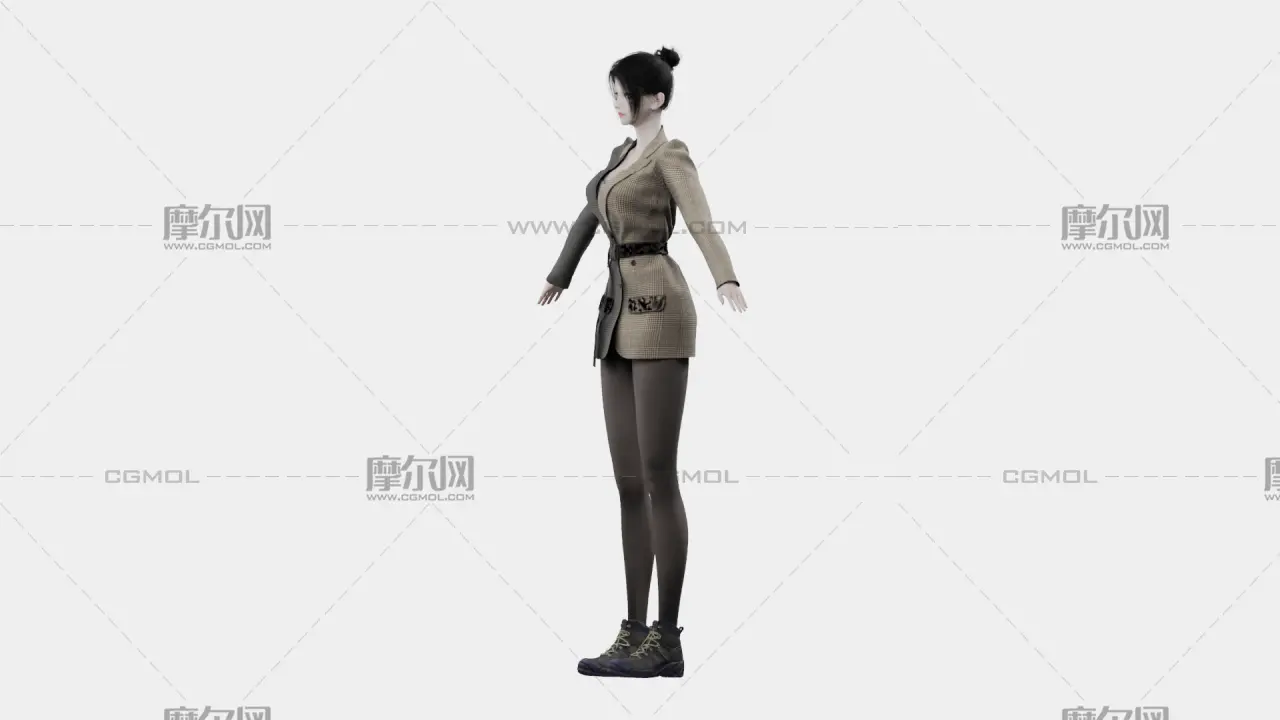 黑发格纹西装女性角色,带骨骼绑定,多格式
