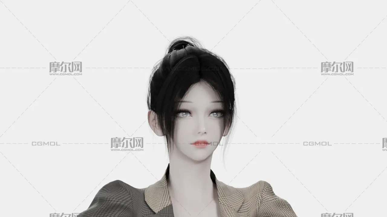 黑发格纹西装女性角色,带骨骼绑定,多格式
