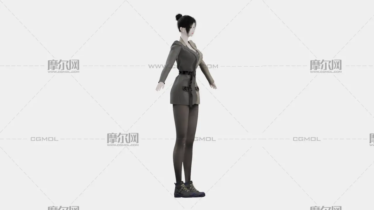 黑发格纹西装女性角色,带骨骼绑定,多格式