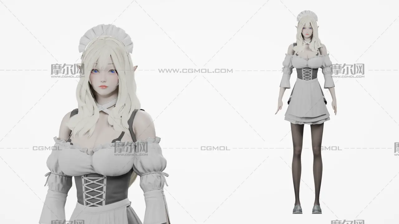 白发精灵女仆 女性角色 带骨骼绑定
