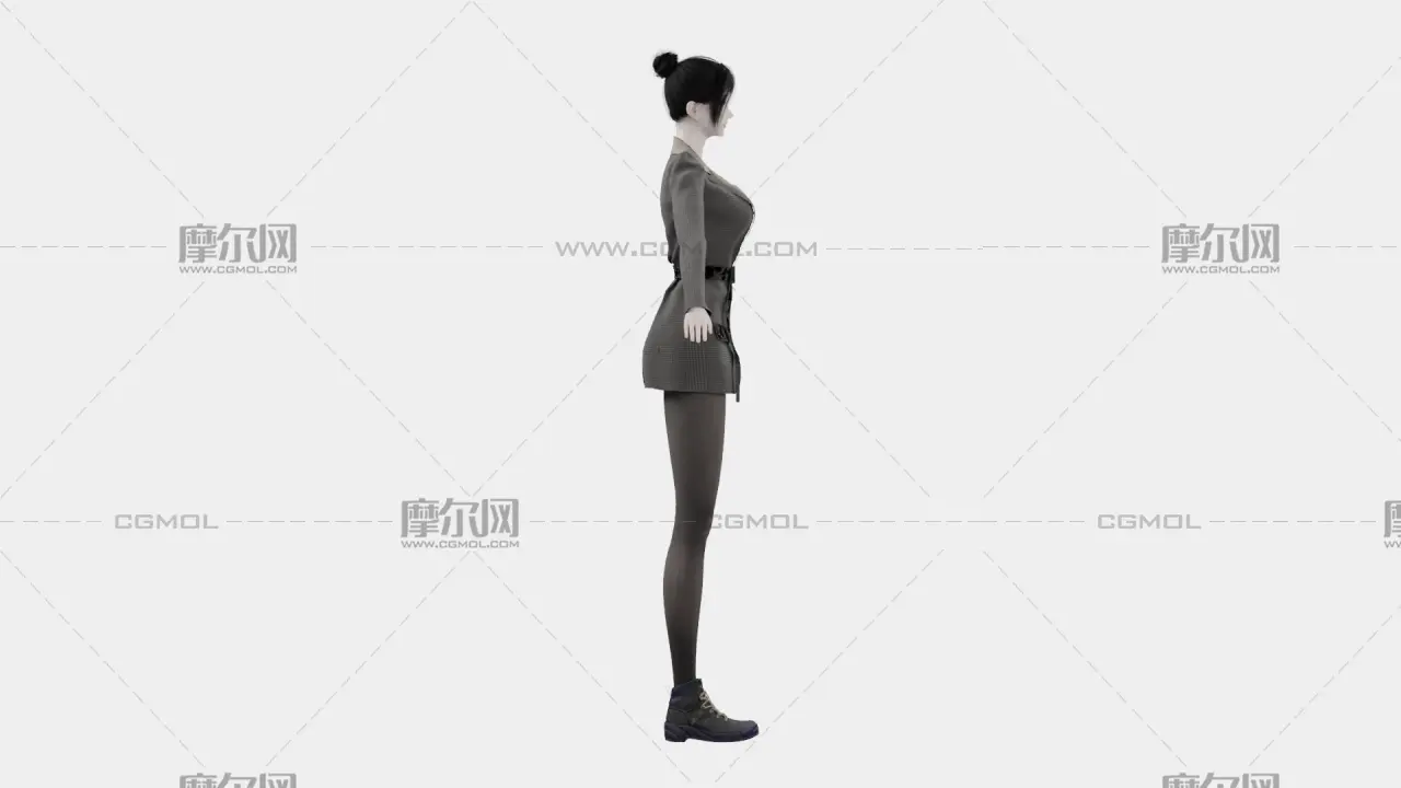 黑发格纹西装女性角色,带骨骼绑定,多格式