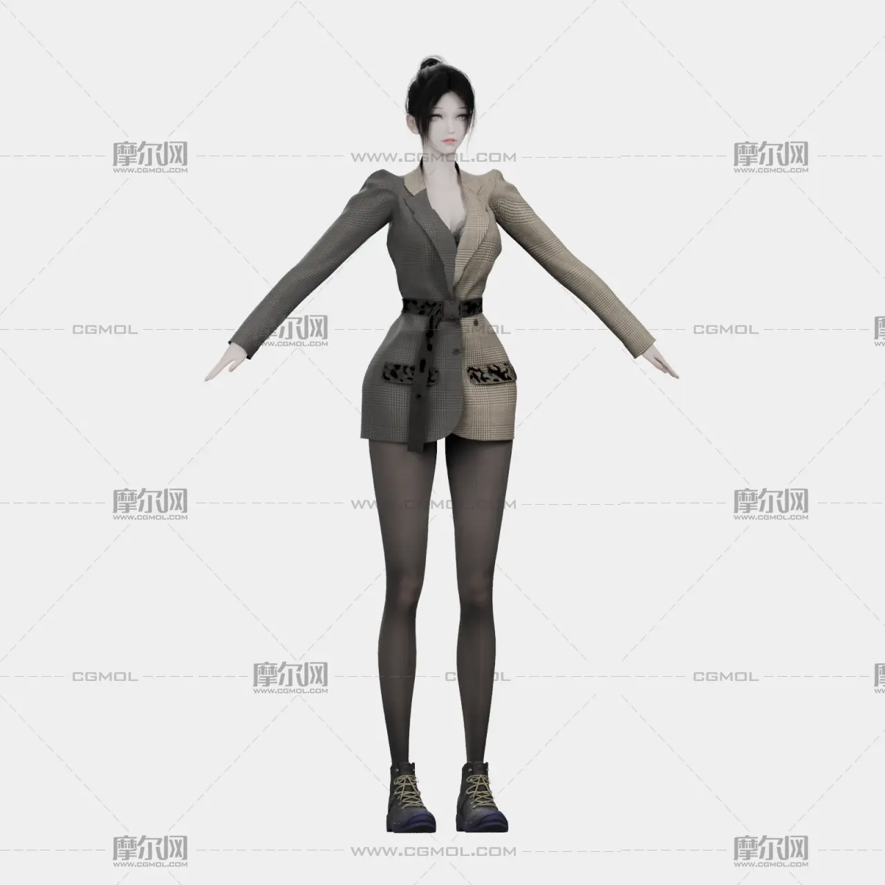黑发格纹西装女性角色,带骨骼绑定,多格式