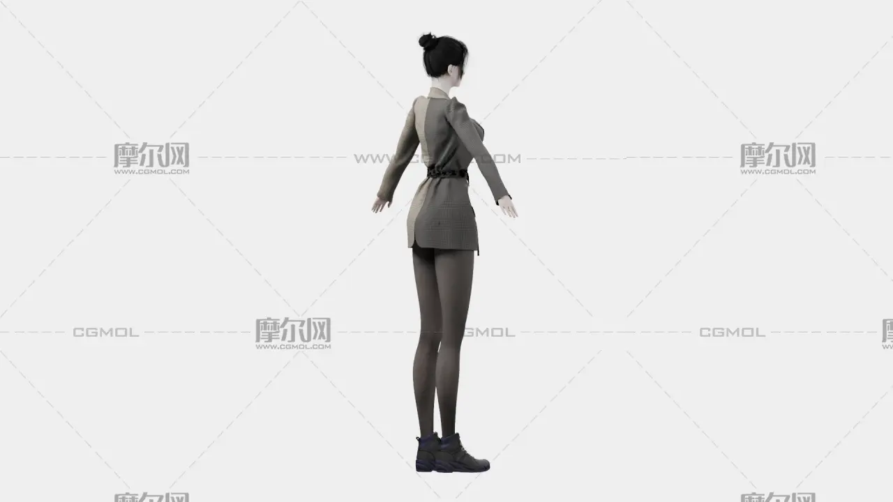 黑发格纹西装女性角色,带骨骼绑定,多格式