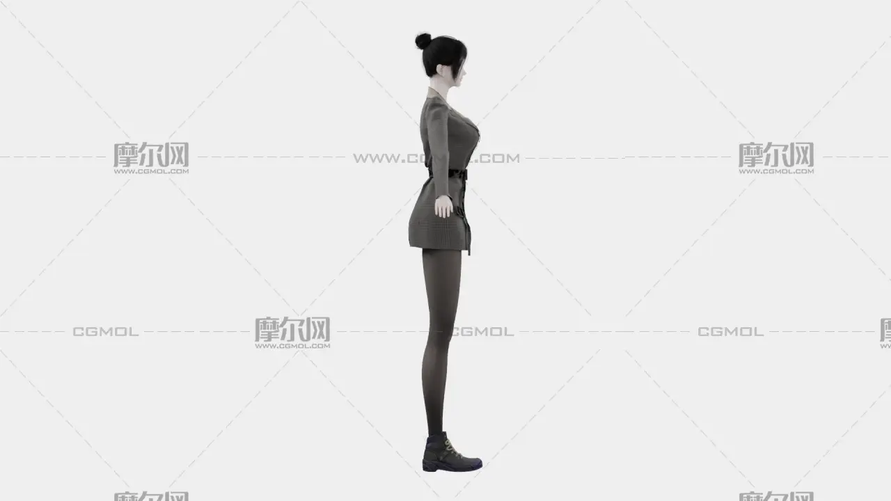 黑发格纹西装女性角色,带骨骼绑定,多格式