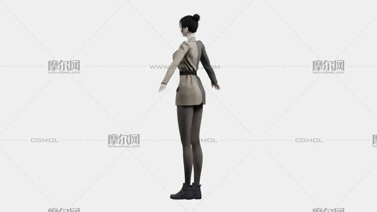 黑发格纹西装女性角色,带骨骼绑定,多格式