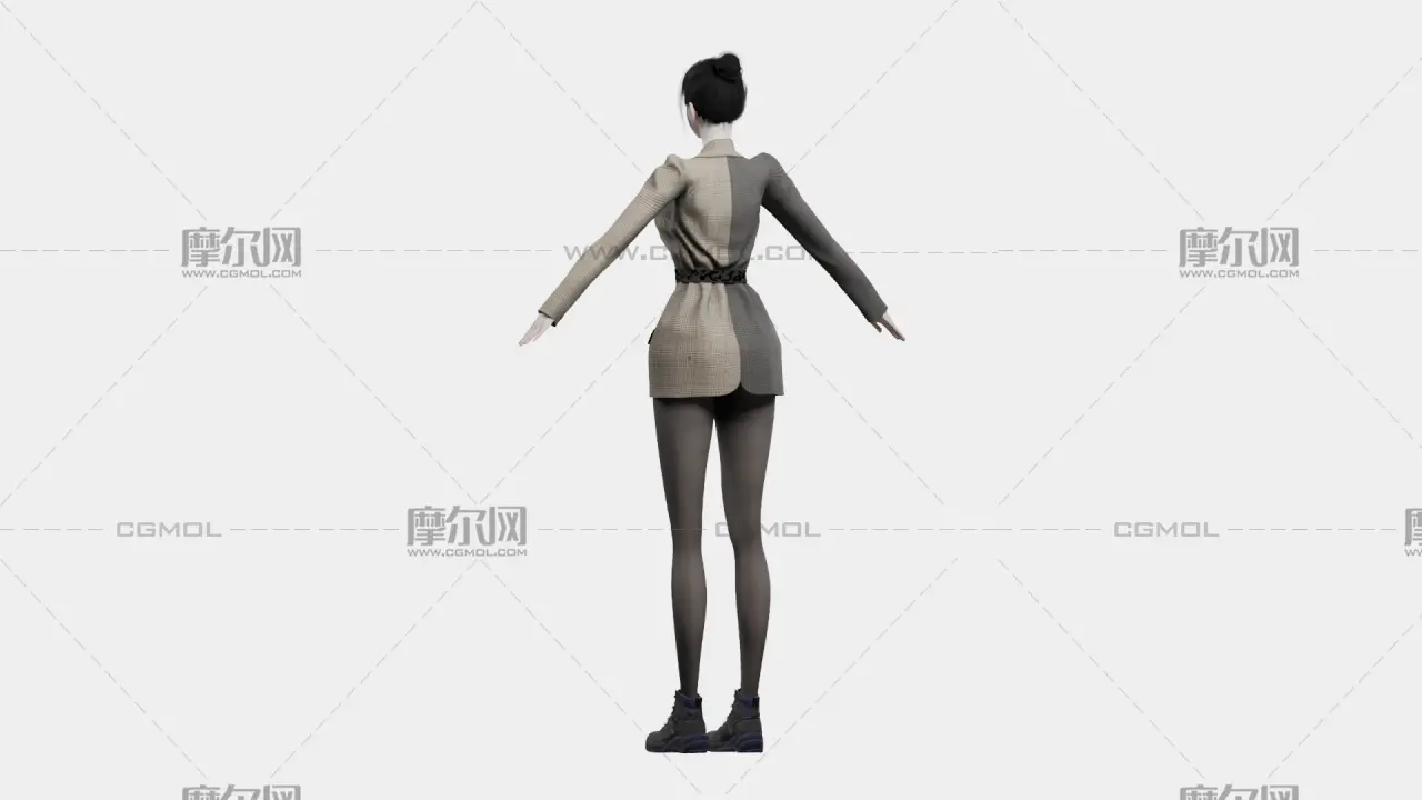 黑发格纹西装女性角色,带骨骼绑定,多格式