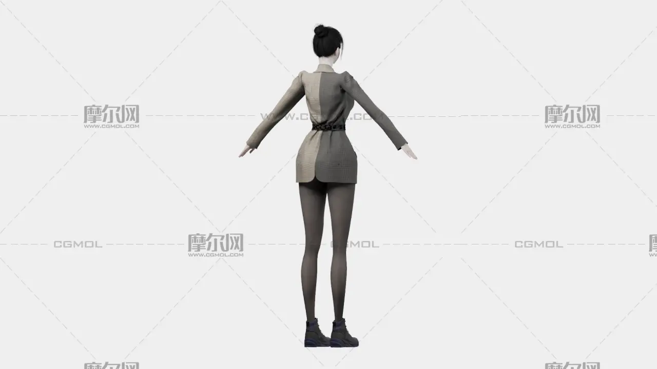 黑发格纹西装女性角色,带骨骼绑定,多格式