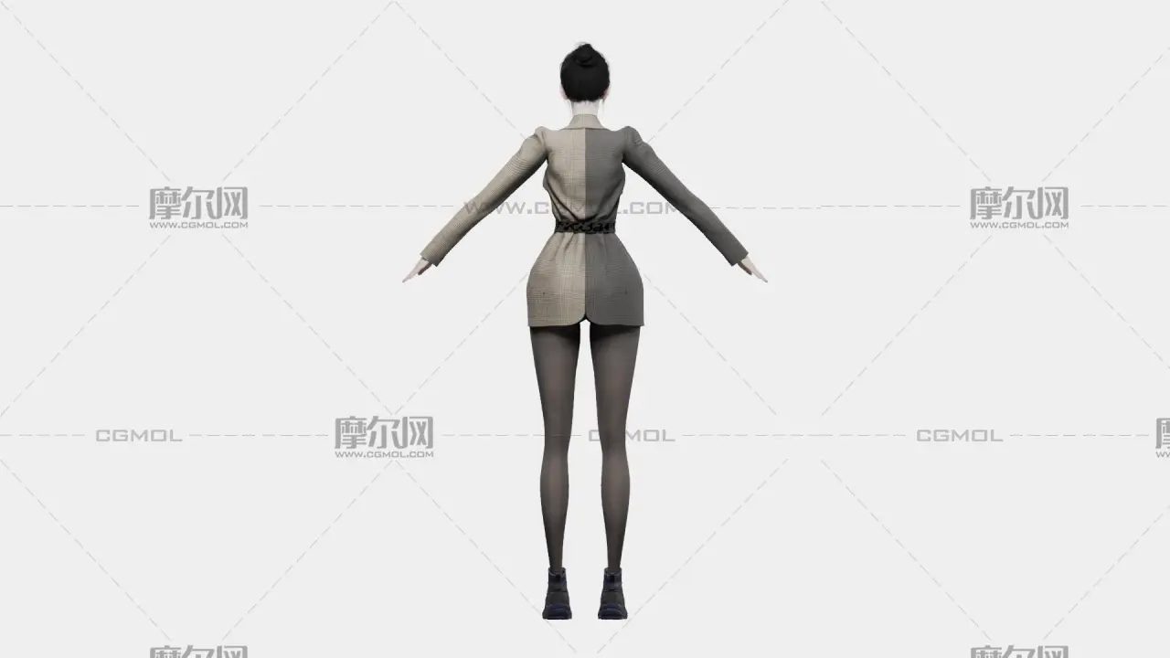 黑发格纹西装女性角色,带骨骼绑定,多格式