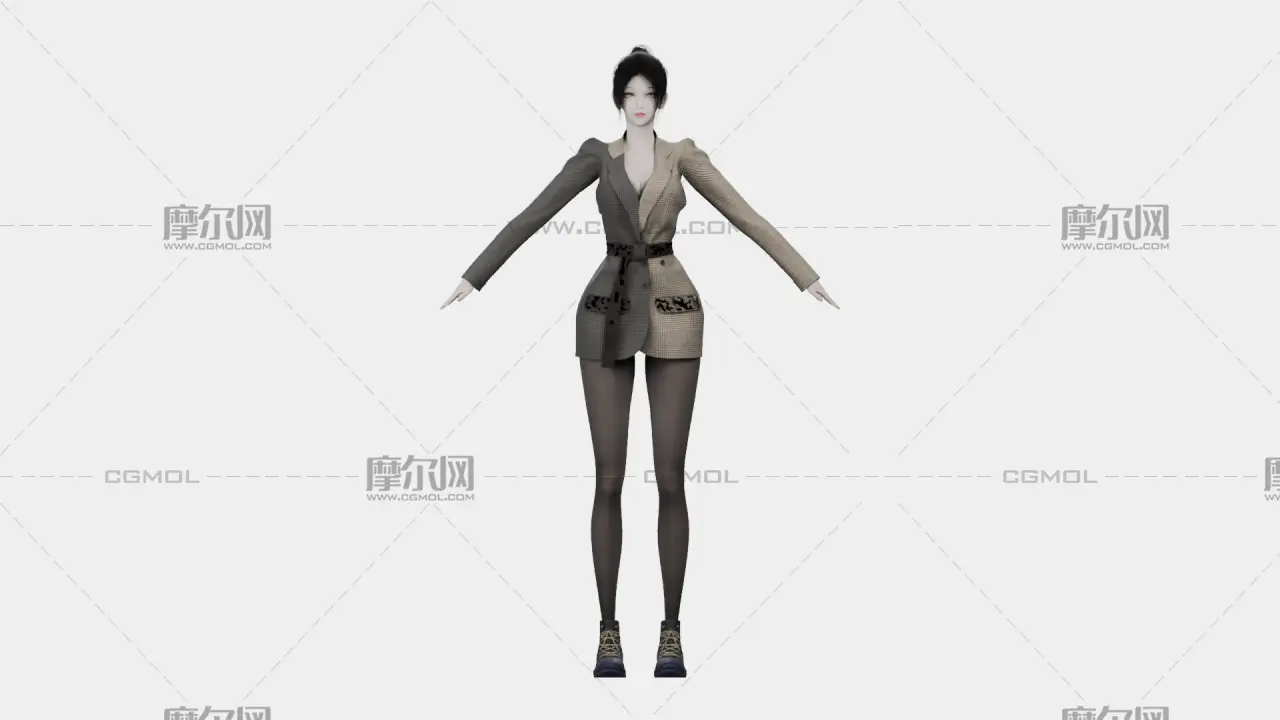 黑发格纹西装女性角色,带骨骼绑定,多格式
