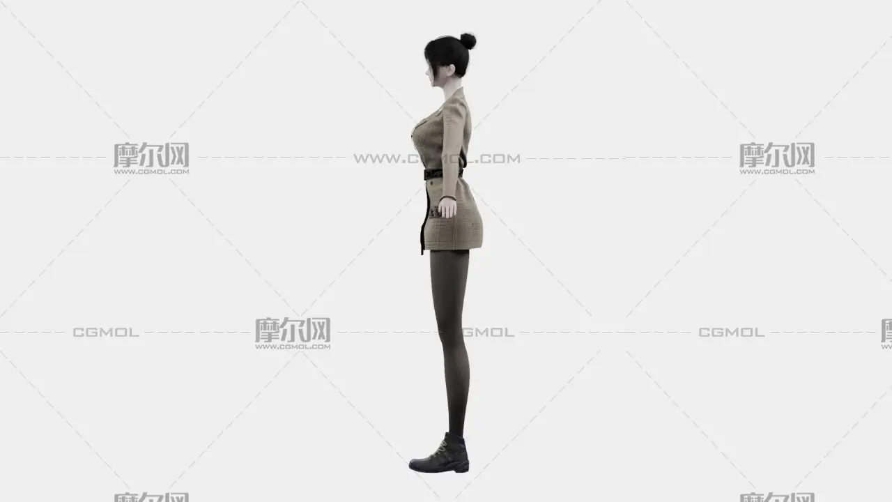 黑发格纹西装女性角色,带骨骼绑定,多格式