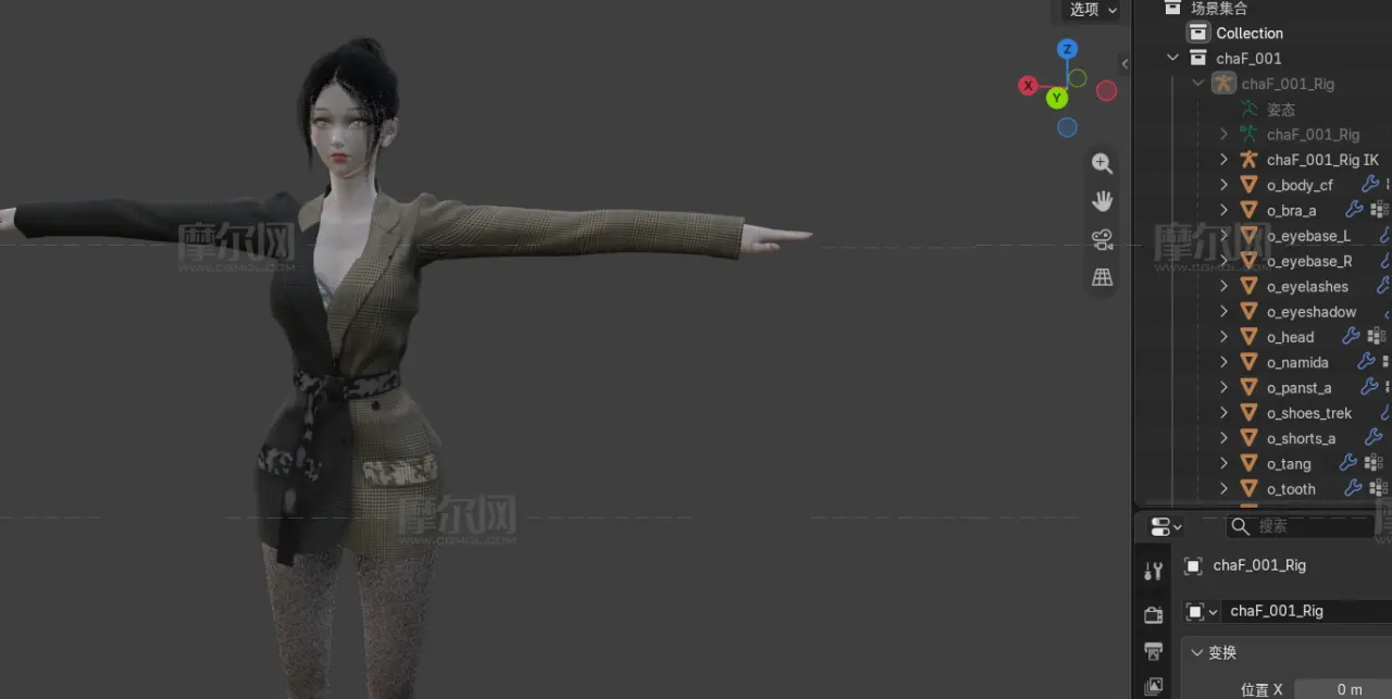 黑发格纹西装女性角色,带骨骼绑定,多格式
