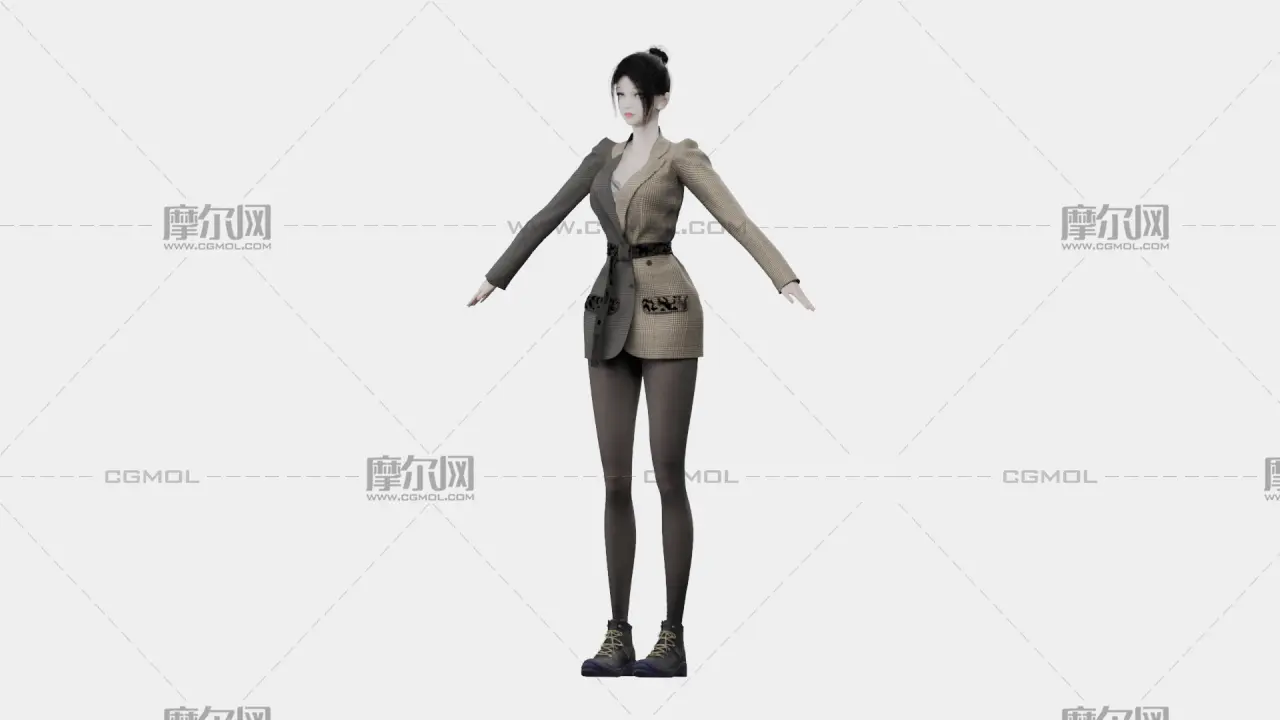 黑发格纹西装女性角色,带骨骼绑定,多格式