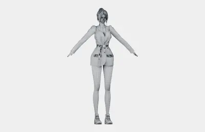 黑发格纹西装女性角色,带骨骼绑定,多格式