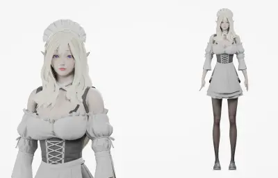 白发精灵女仆 女性角色 带骨骼绑定