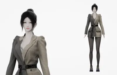 黑发格纹西装女性角色,带骨骼绑定,多格式