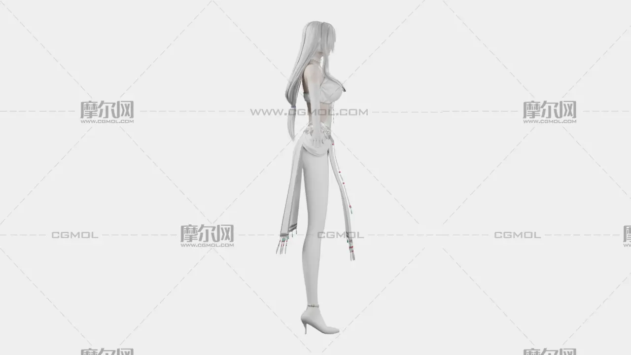 银白长发遮眼白裙幻想女性角色,带骨骼绑定